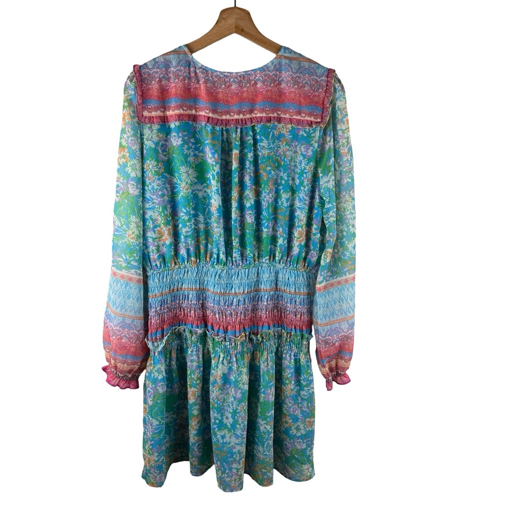 Anthro Current Air Mini Dress L Blue Floral Ruffle Smocked Fairy Tale Boho Chic - Picture 4 of 8